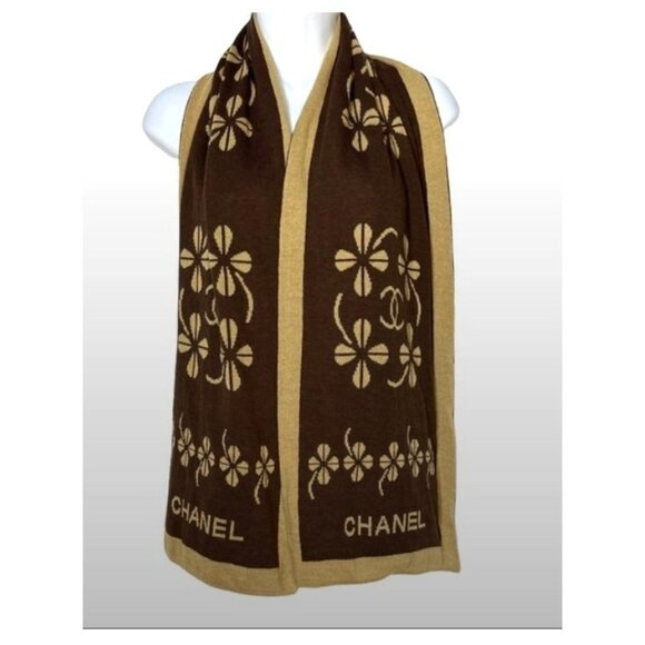 Chanel Brown & Beige Scarf With Four Leaf Clover Pattern - Picture 7 of 9